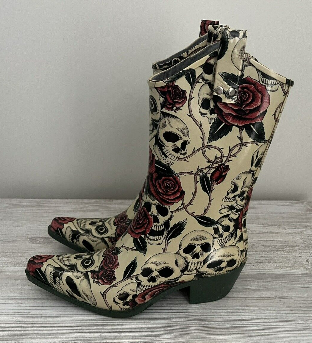 New Nomad Womens Yippy Rain Boots Yellow Skull Rose Cowboy Western Sz