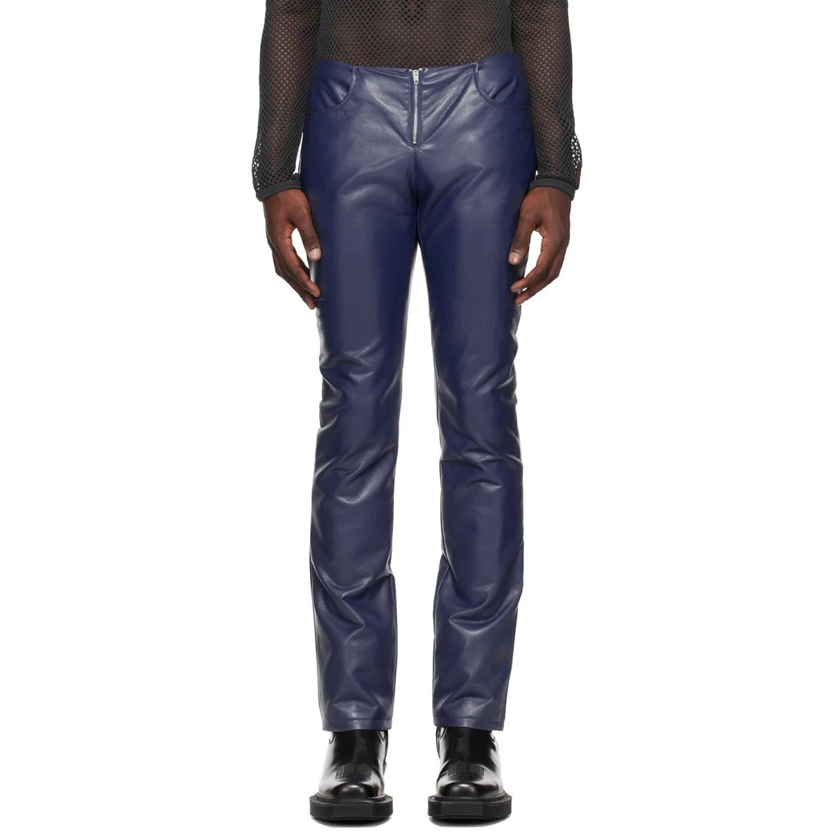 Custom tailored Leather Pants Men Beltless Casual Lambskin Blue Made to Measure