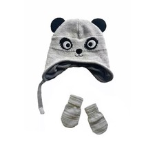 Baby 12-24M Knit Hat Beanie Panda Fleece Lined Chin Strap Ears Gray Mittens Set