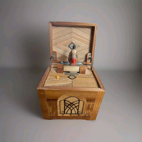 Vintage Wooden Mechanical Cigarette Dispenser Box w/ Marquetry Inlay & Bird