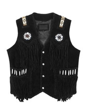 Men's Black Leather Fringe Vest Western Native American Cowboy Motorcycle Biker