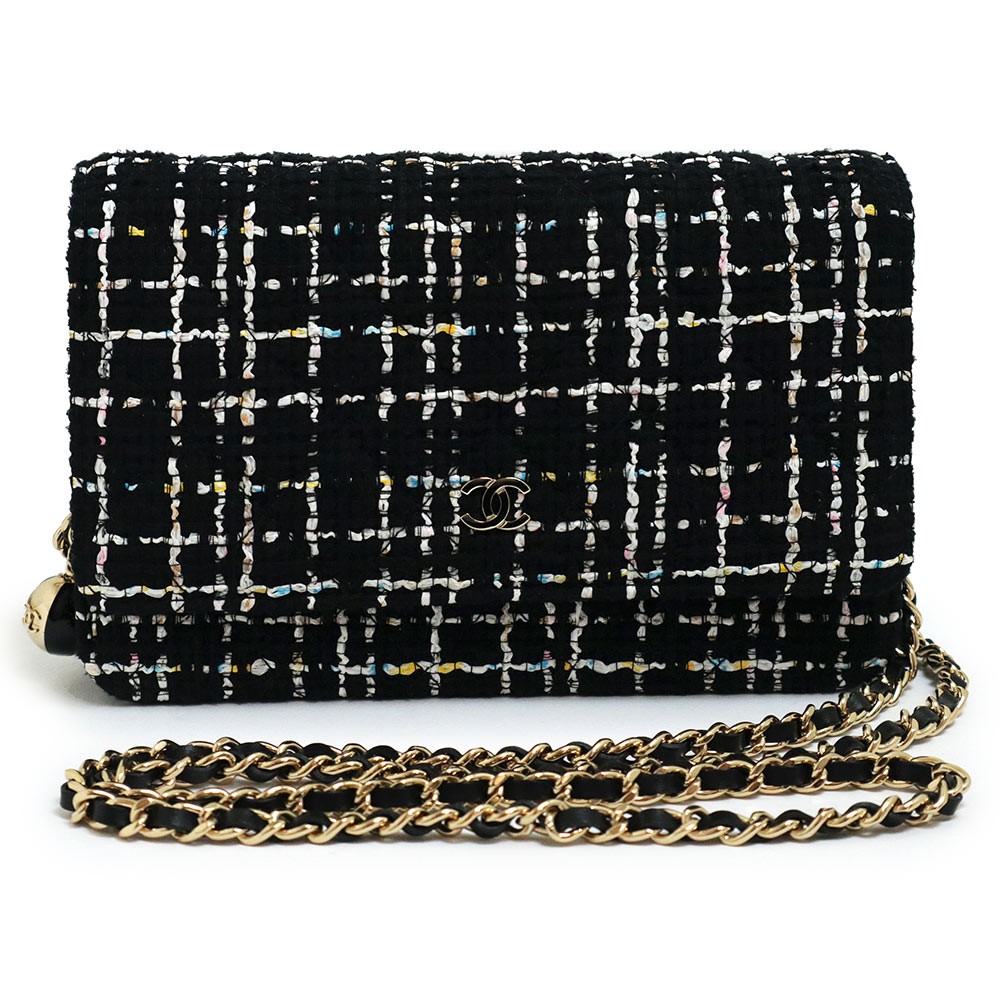Chanel Black Tweed Matelasse Classic Chain Wallet Shoulder Bag A33814