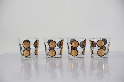 Libbey World Coins Gold Black Rocks Glasses Set of 4 Vintage MCM Barware
