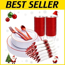 210 Piece Red Plastic Dinnerware Set, Disposable P