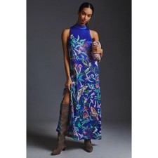 Maeve Clara McAllister for Anthropologie Halter Dress Floral Mushroom Blue XS