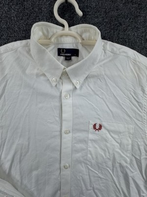Fred Perry Button-Down Cotton Large Men White Solid Pocket Long Sleeve Shirt
