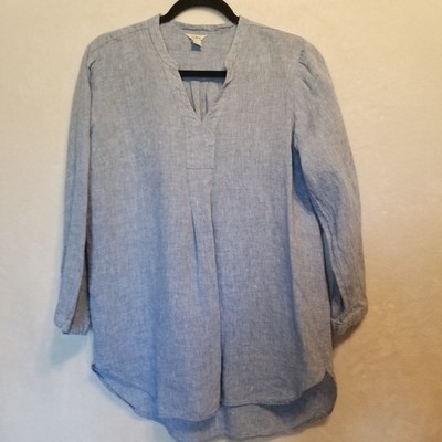 LL Bean M Top Linen Popover Split Neck Blue Beach Coastal Cruise Nautical Boho