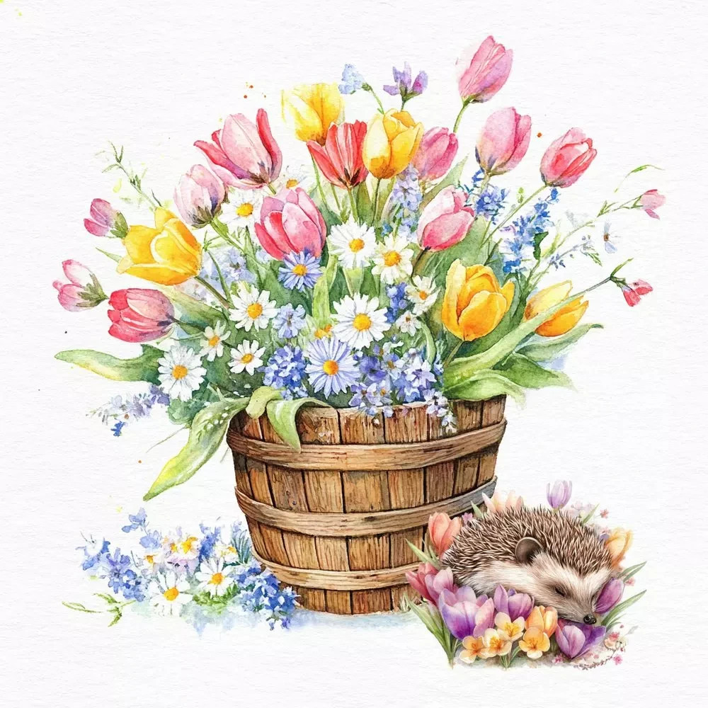 4 x Paper Napkins/33cm/3Ply/Decoupage/Hedgehog/Barrel of Assorted Spring Flowers