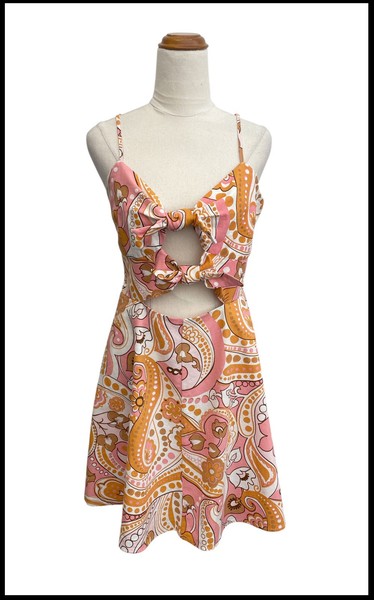 GHANDA Linen Blend Pink Paisley Cut Out A-Line Mini Dress Adjustable Straps Sz M