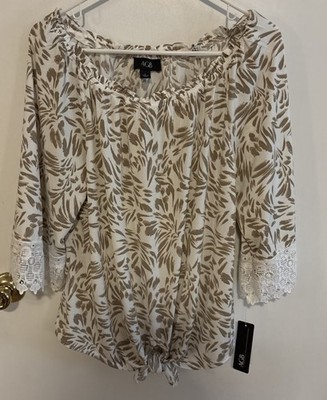AGB Elbow  Sleeves Tan & White Palm Leaf Print Top Blouse Tie Front Hem Size L
