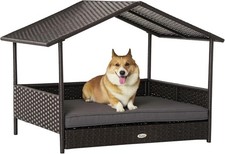 Wicker Dog House Outdoor W/ Canopy Rattan Dog Bed W/ Water-Resistant Cushion