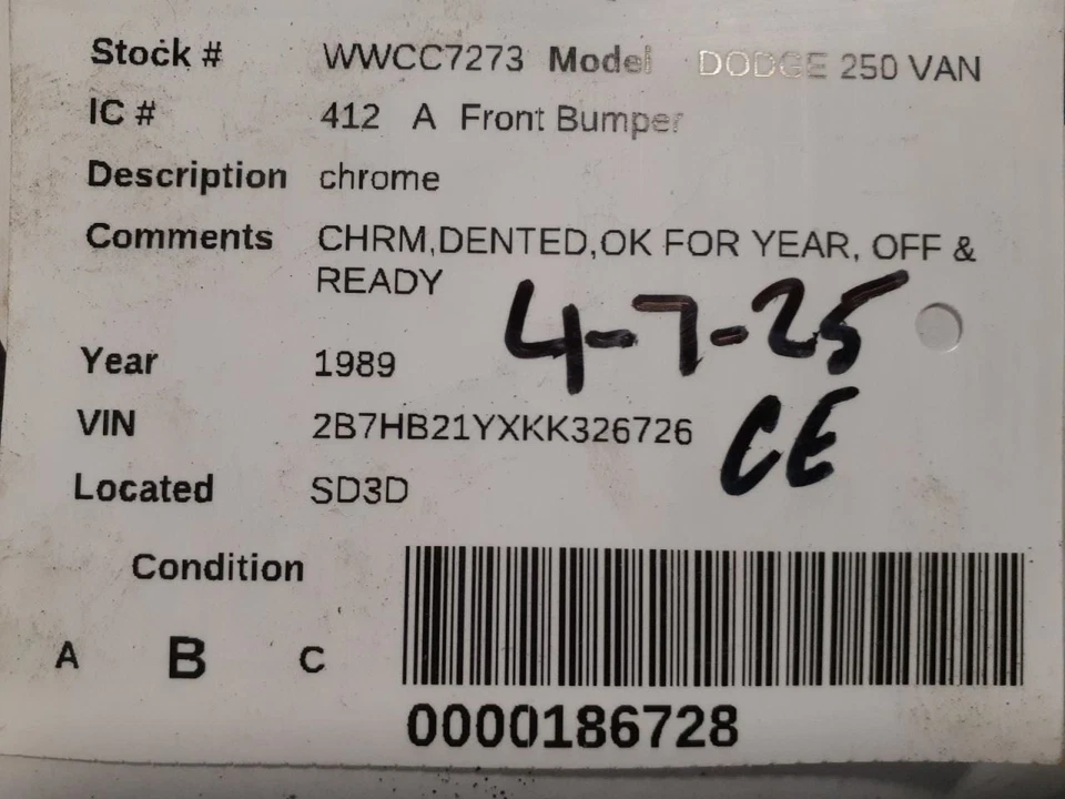 Front Bumper Chrome Fits 86-93 DODGE 150 VAN 599224 Foto 4 de 4
