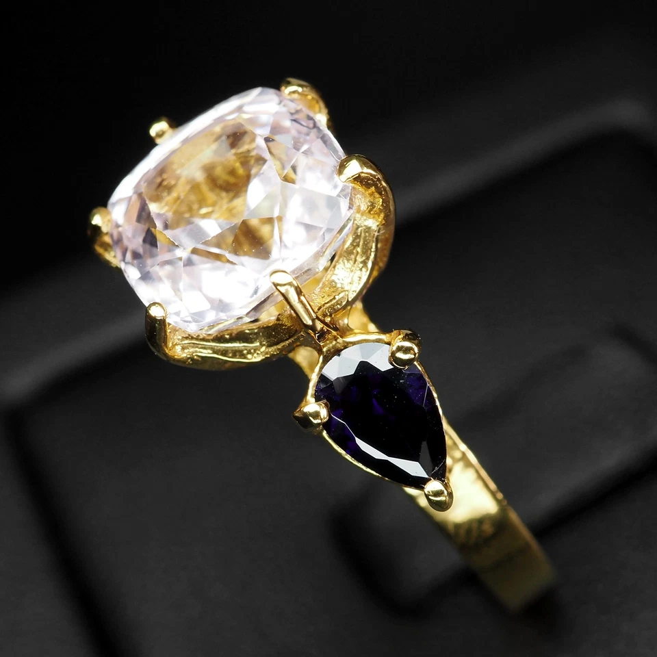 Anillos hechos a mano de plata de ley 925 de 4,20 quilates con cojín de kuncita rosa pálido clásico Foto 4 de 4