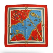 Vintage Equestrian Scarf Red  Blue Hand-Rolled Hem