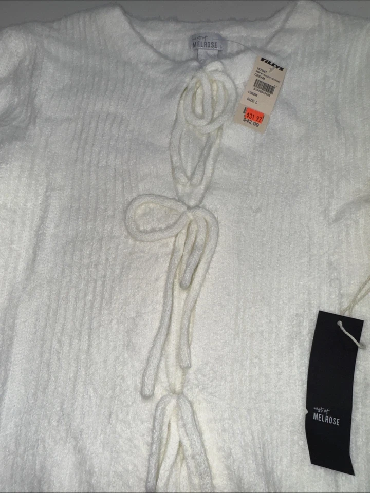 WOMEN'S SIZE LARGE MELROSE WEST OF MELROSE FUZZY TIE FRONT CARDIGAN - CREAM - Image 4 of 4