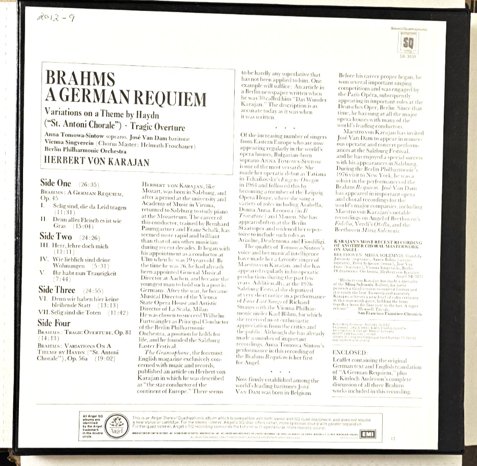 Brahms - A German Requiem-  Karajan/Berlin Philharmonic Angel SB 3838 Quad LPs - Image 2 of 4