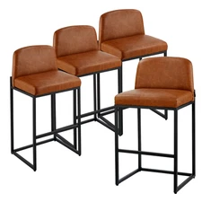 Set of 4 Bar Stools 27" Counter Height PU Leather Backrest Metal Legs Brown