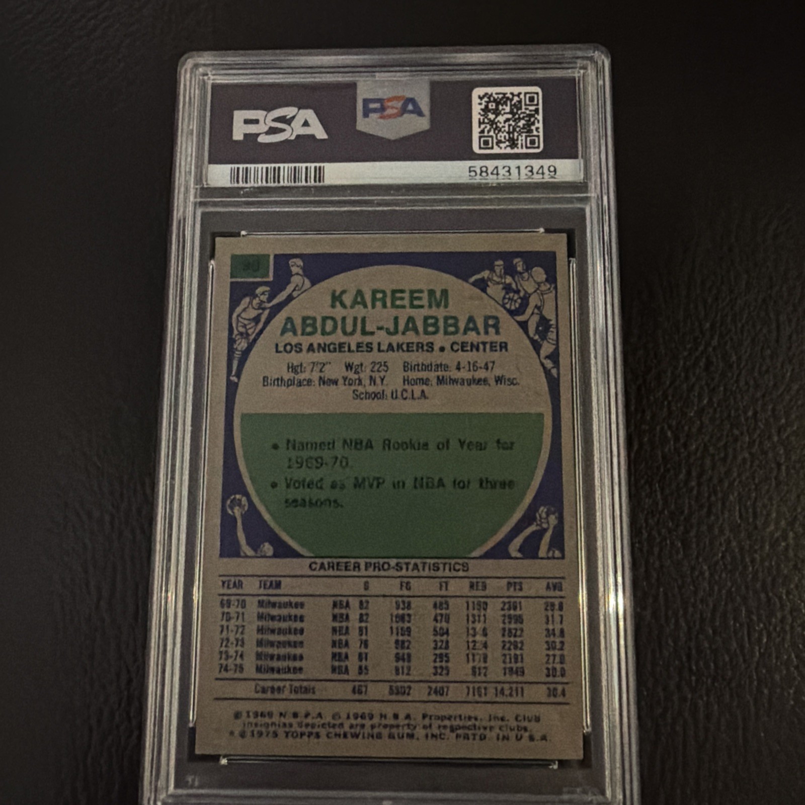 1975 TOPPS #90 KAREEM ABDUL-JABBAR PSA 6 view 2
