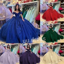 Princess Quinceanera Dresses with Bow Off Shoulder Glitter 3D Flowers Ball Gowns