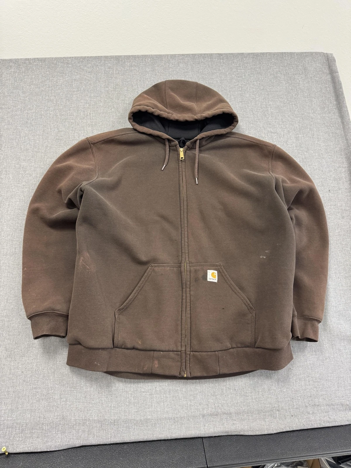 Vintage Carhartt Hoodie Mens XL Brown Thermal Lined Full Zip Workwear Sun Faded