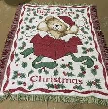 Vintage Baby's First Christmas Teddy Bear Tapestry Throw Blanket 47" X 37"