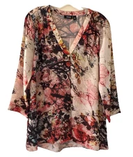 Women’s A.N.A. SZ M Sheer Dressy Blouse Multicolor V-Neck 3/4 Sleeve 