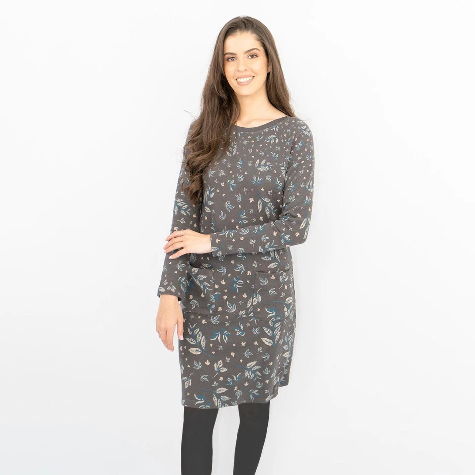 White Stuff Dress Floral Womens Fleur Jacquard Jersey Grey Pockets Long Sleeve - Image 3 of 4
