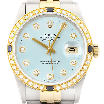 Rolex Datejust 16013 Herren Uhr 18K Gelbgold SS Diamant Saphir Eisblaue 36mm