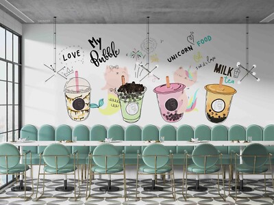 3D Bubble Milk Tea Shop background Self-adhesive Removable Wallpaper Murals Wall
