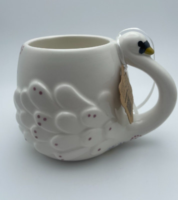 Lang By Design Swan Figural Coffee Mug 16oz Embossed Floral Hand Printed Cup C60