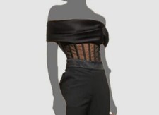 420 Rozie Women's Black Sheer Pleated Off-Shoulder Corset Top Size FR 36/US 4