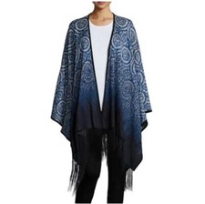 Misook River Blue Black Sparkles Fringe Trim Printed Poncho One Size O/s