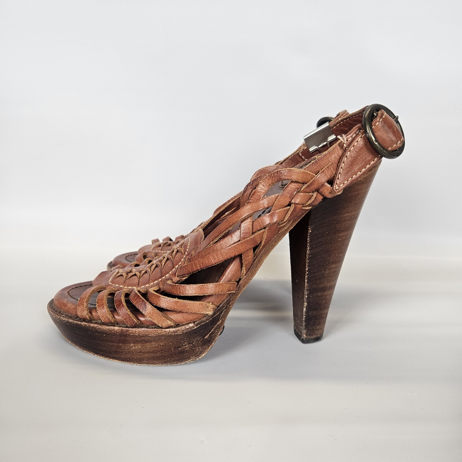 FRYE Heels Joy Huarache Leather Shoes  Slingback Peep Toe Brown Sandal Womens 7B