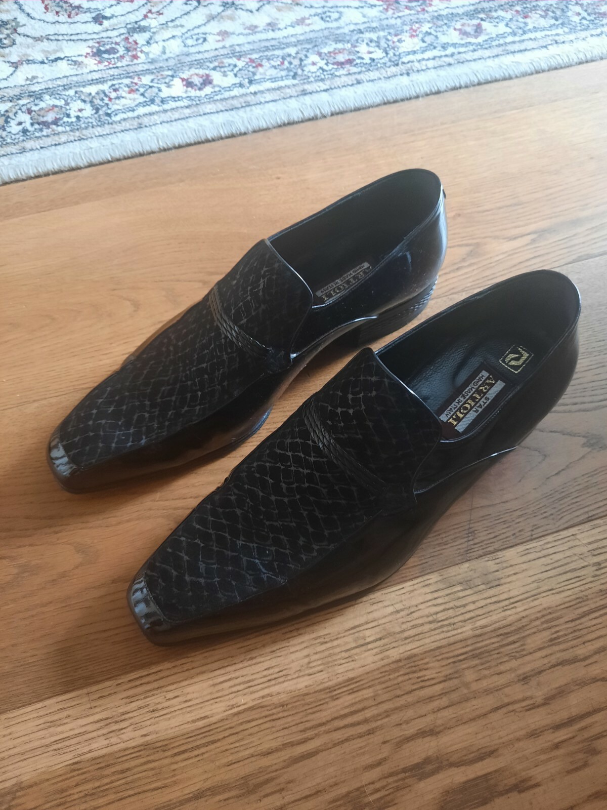 Star Artioli Black Suede Patent Leather Evening Loafers RRP $1690 Size 9.5 UK AU