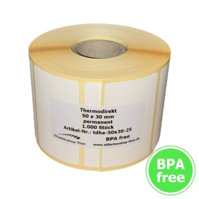 Thermo Etiketten auf Rolle 50 x 30 mm selbstklebend - für Zebra, Brother Drucker