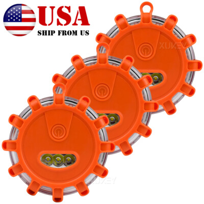 3X LED Road Flares Emergency Disc Safety Light Flashing Warning Roadside Beacon