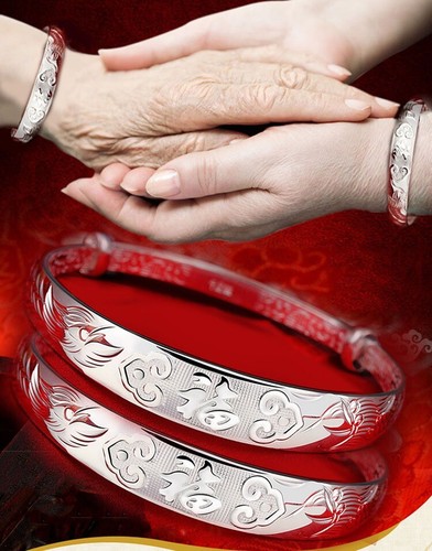 Chinese Fine 925 Sterling Silver Plated Retro Happiness Carved Bangle Bracelet - Picture 5 of 6