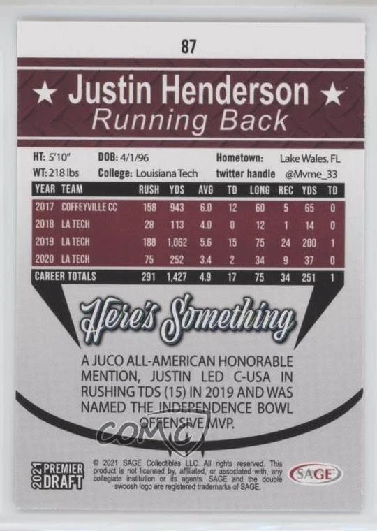 2021 Sage Premier Draft Silver Justin Henderson #87 - Image 2 of 2