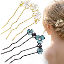 2 Pcs Pearl U Shaped Hair Pins for Buns, Bridal Decorative Pearl Hair Side Combs