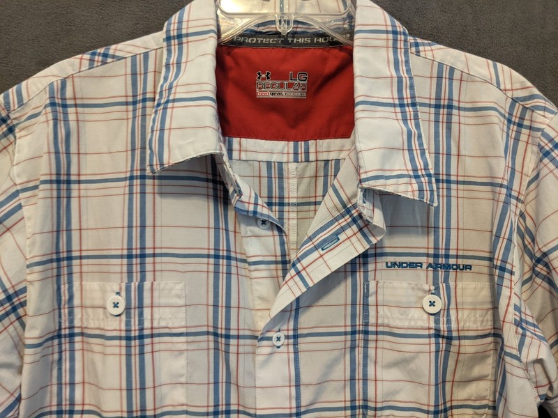 Mens UNDER ARMOUR White Red Blue Stripe Plaid Button Short Sleeve Shirt Large