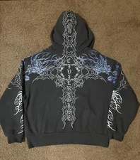 CIVIL REGIME Corpse Flame Outliers Distressed Zip Up Hoodie in Charcoal SIZE XL