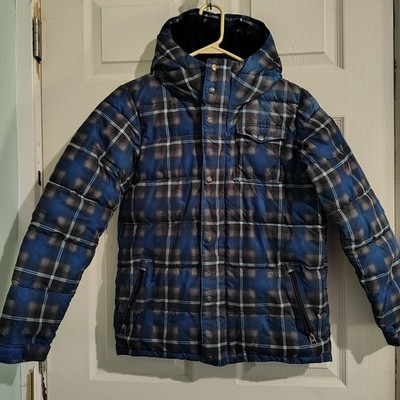  Burton Boys Traverse Snowboard Jacket Youth Medium Blue Plaid Fleece Lined Coat