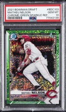 2021 BOWMAN DRAFT CHROME-GREEN SPARKLE REFRACTOR MATHEU NELSON 55/99 PSA 10