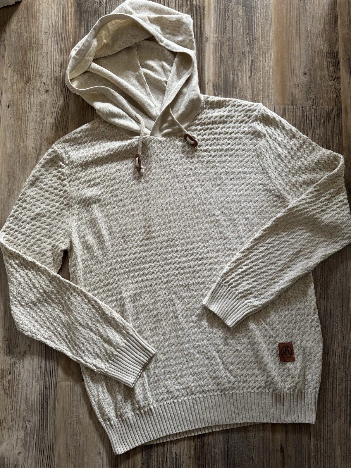 Sweater Hoodie w/Ribbed Cuffs & Bottom Khaki Leather Accents Men’s L NWOT