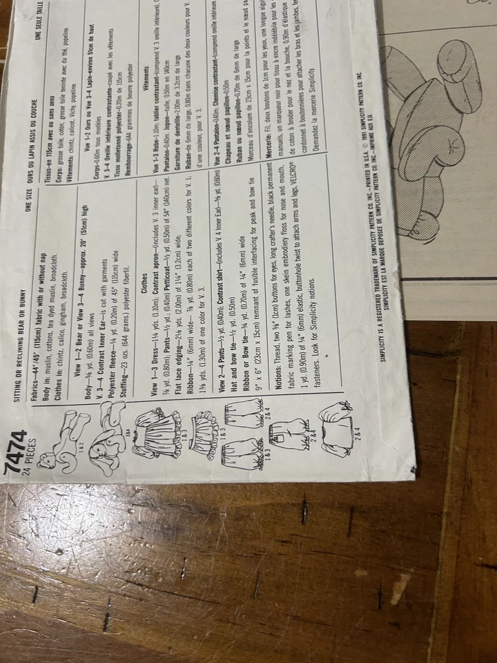 UNCUT Vtg Simplicity Crafts 7474 Pattern Bear & Bunny - Image 3 of 3