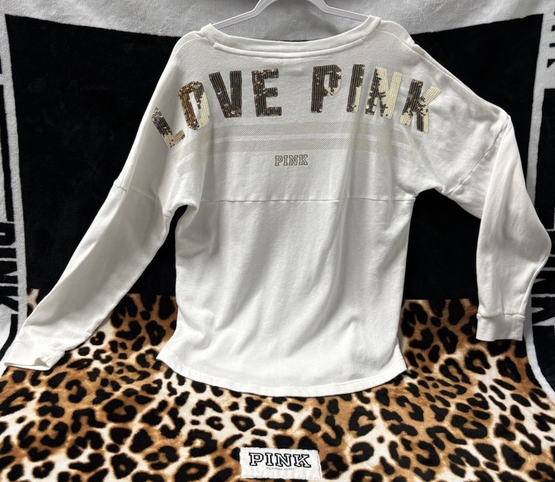 PINK Victoria's Secret Sequin /Bling Dog Sweatshirt White Size S-L