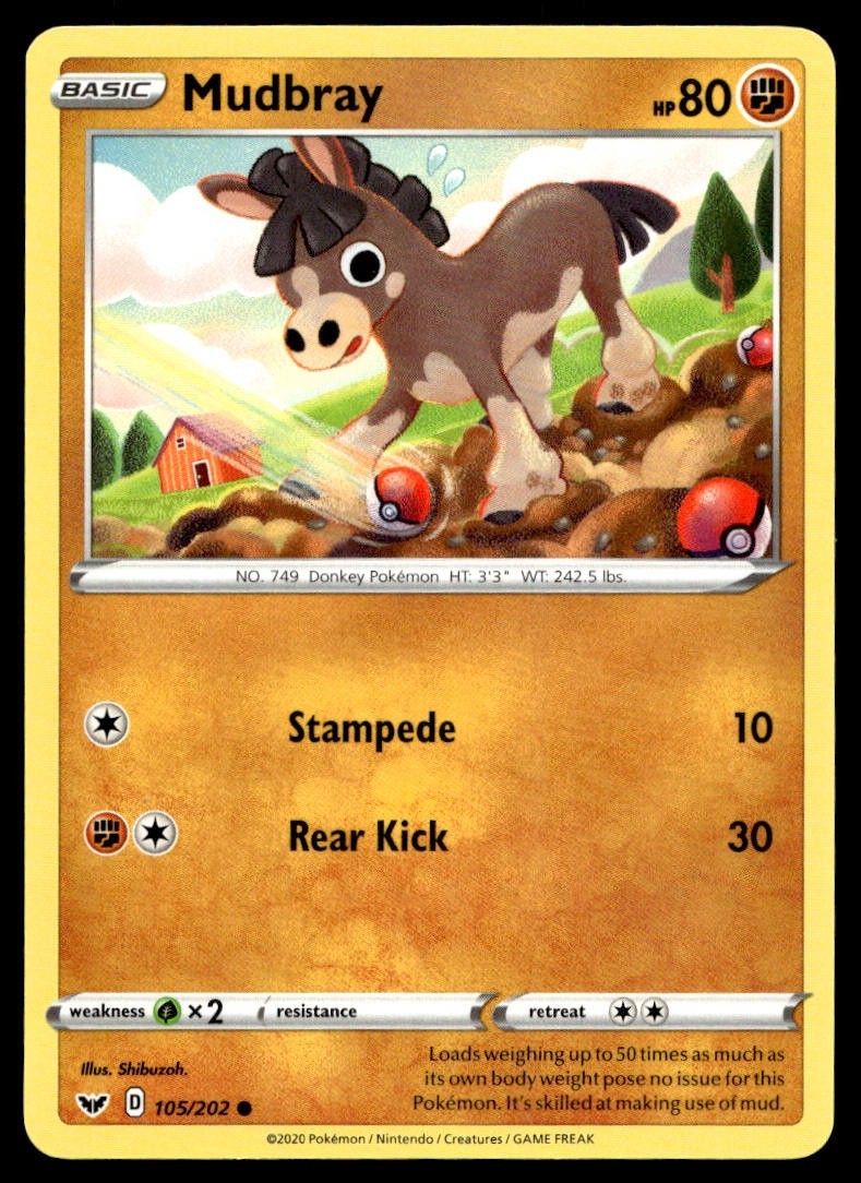 Mudbray 105/202 Pokemon Card Sword & Shield Common 80 HP Lightly Played DB
