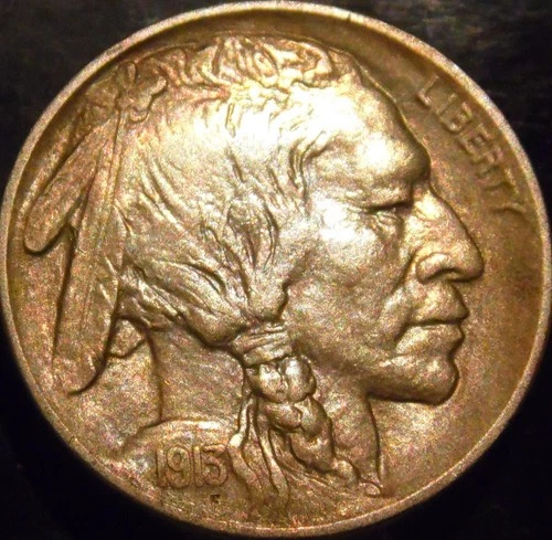 1913-D Buffalo Nickel Variety 1 Choice Original AU/BU Full Horn Rainbow Toned