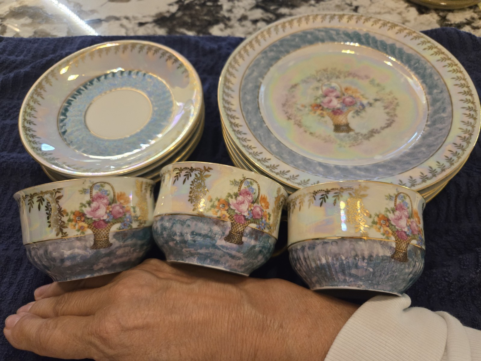 Vintage Iridescent Schaller Bavaria Tea Cup Saucer And Dessert Plate Set. 