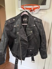 FMC Men's Black Leather Biker Jacket Size 42 Lined Zip Closure Buckle Zipper